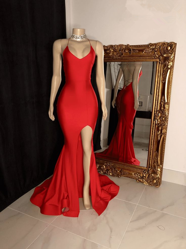 Mermaid Red Simple Evening Dress With Slit Y381