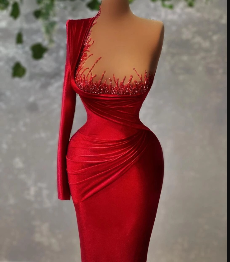 Modern Velvet One Shoulder Beaded Red Carpet Dresses Evening Gowns Women Mermaid Prom Dress Y1907