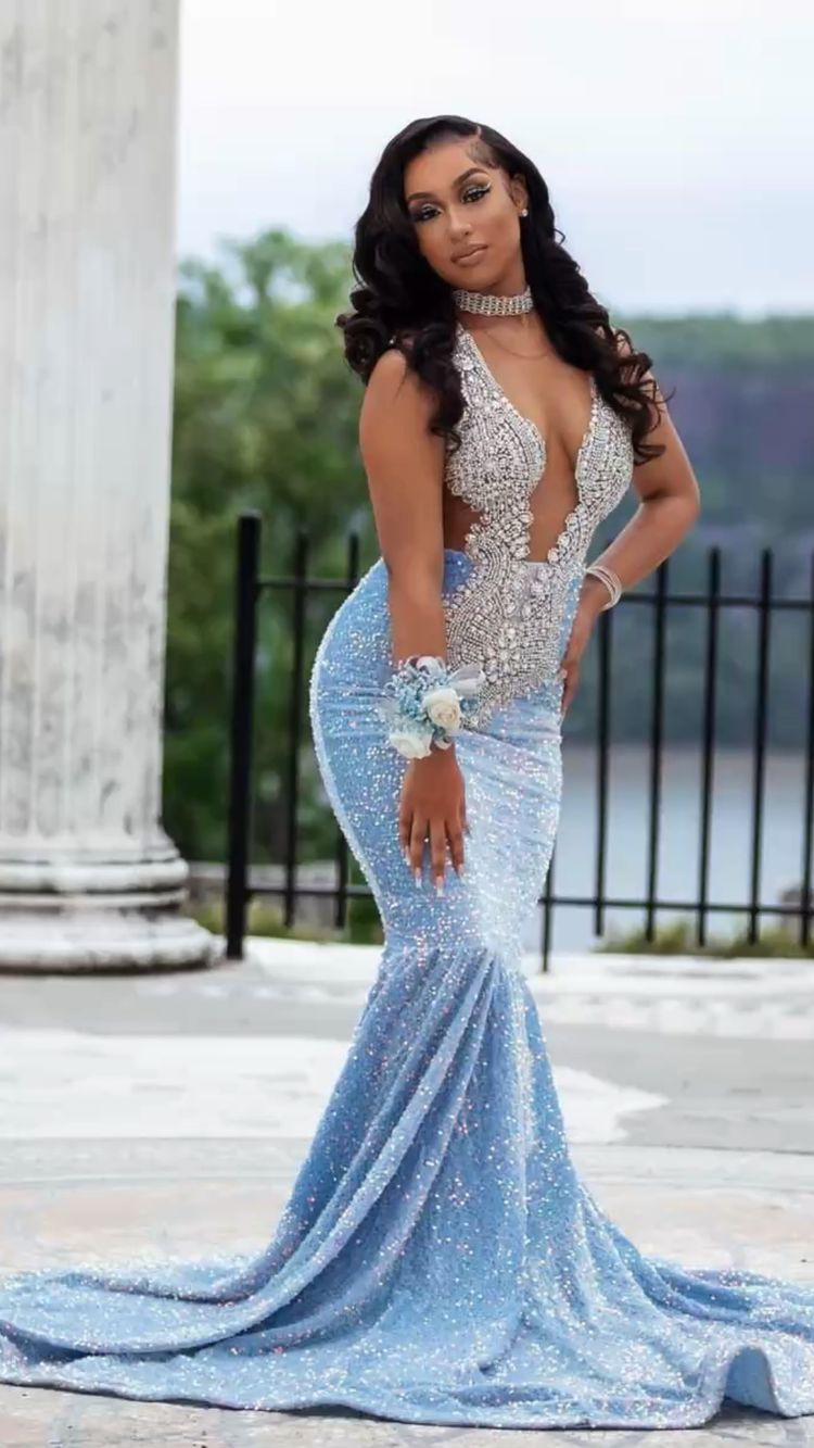 Blue Sequin Mermaid Prom Dress,African Prom Dress,Black Girls Prom Gown Y1497