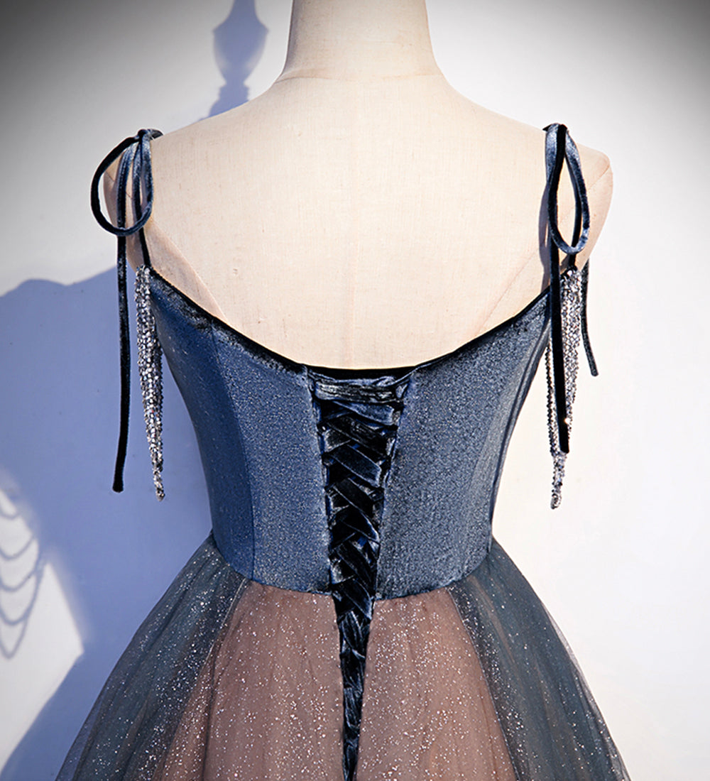 Blue tulle sequins long prom dress evening dress s80