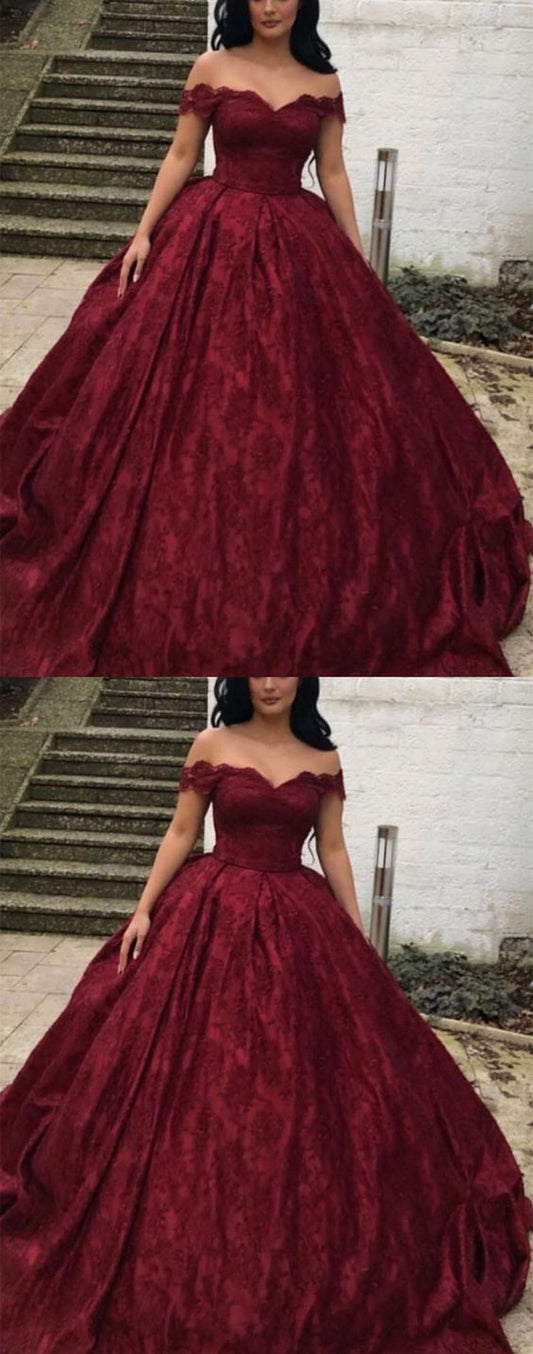 Charming Burgundy Lace Ball Gown Off Shoulder Wedding Dresses Y1564