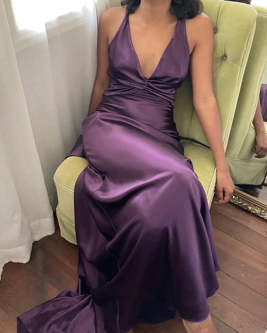 Purple V Neck Backless Evening Dress Long Prom Dress Party Dress Y7520