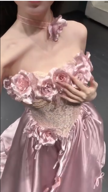 Glamorous Pink Strapless Satin Lace Long Prom Dress Party Gown With 3D Flowers SP2176