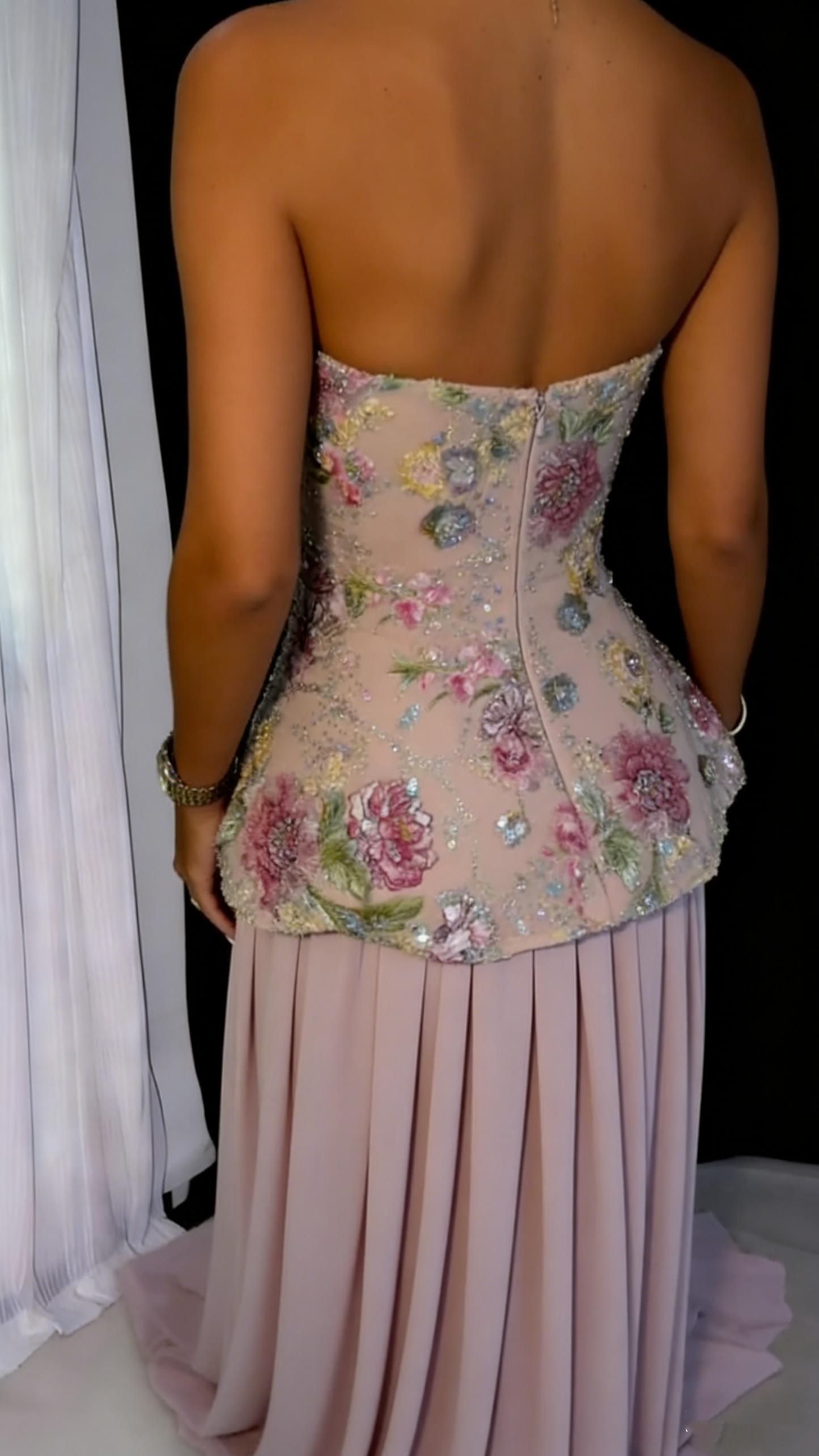 Pretty Strapless Embroidered Floral Sequin Chiffon Mermaid Long Party Dress Pink 20th Birthday Outfits SP1831