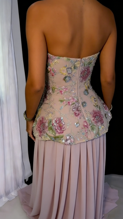 Pretty Strapless Embroidered Floral Sequin Chiffon Mermaid Long Party Dress Pink 20th Birthday Outfits SP1831