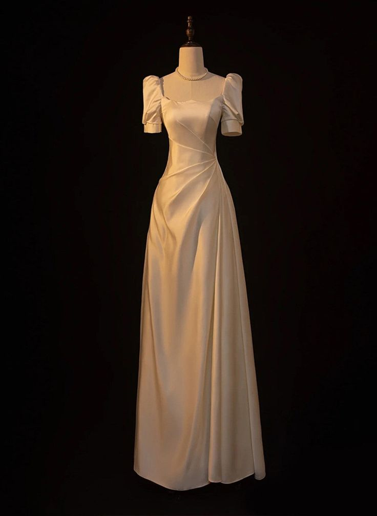 Elegant White Satin A-line Wedding Party Dress Long Prom Dress Evening Gown Y7546