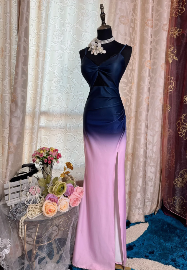 Unique Spaghetti Straps Navy Blue Ombre Pink Satin Slit Mermaid Evening Dress Long Birthday Prom Gowns SP1892