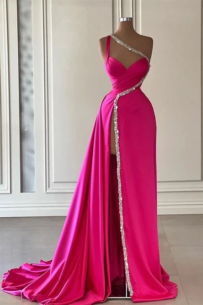 Gorgeous One Shoulder Hot Pink Satin Beaded Long Prom Dress Slit Evening Dress Y7692