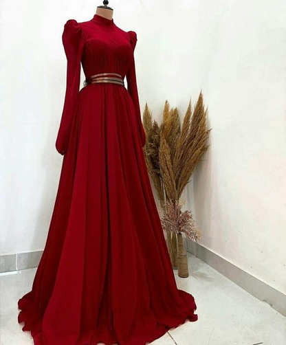 A Line High Neck Long Sleeves Muslim Burgundy Prom Dress Y6222