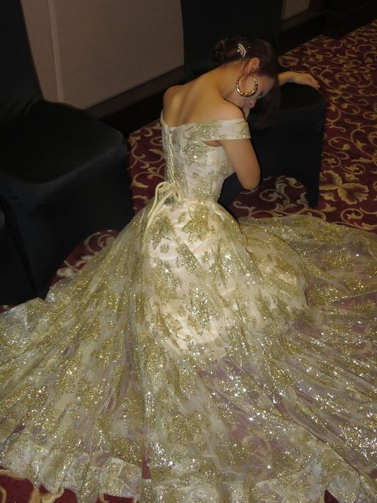 Sparkly Gold Tulle Sequin A Line Long Party Dress,Off The Shoulder Prom Dress SP2954