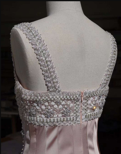 Luxury nude pink satin hand-beaded diamond homecoming dress Y4542