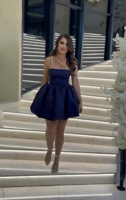 Fashion One Shoulder Satin Short 19th Birthday Outfits,Blue Short Homecoming Dress SP3968