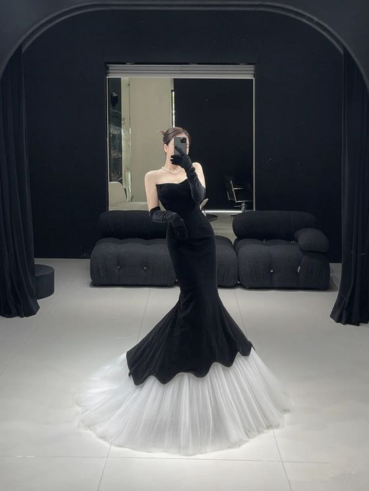 Black Strapless Velvet Mermaid Prom Dress, Elegant Sleeveless Formal Gown Y7136