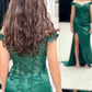 Green Mermaid Off-Shoulder Applique Pleated Satin Long Prom Dress with Slit Y5813