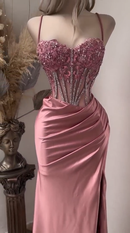 Glamour Spaghetti Straps Satin Beaded Appliques Pleated Mermaid Prom Dress Pink Party Dress SP4196