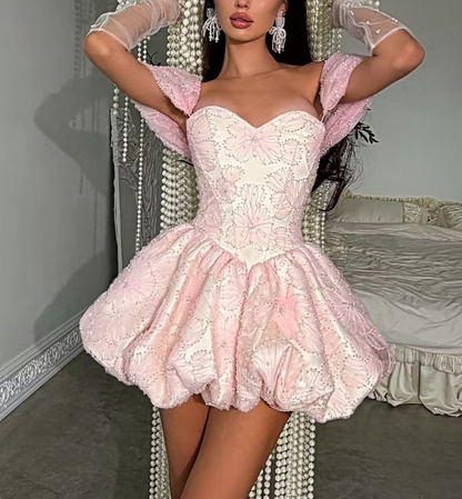 Glamorous Off The Shoulder Satin Tulle Floral Beaded A Line Mini Birthday Dress,Pink Short 6th Grade Homecoming Dress SP2932