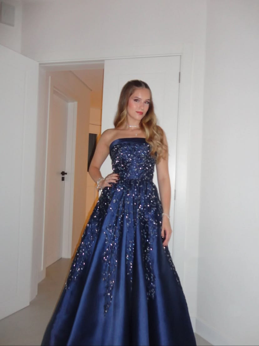 Sparkly Navy Blue Satin Sequin Beaded A Line Long Party Dress ,Strapless Long Wedding Guest Dress SP4143