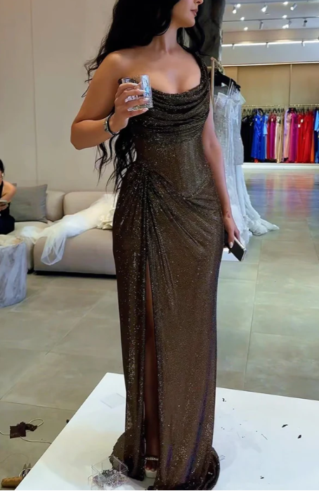 Black One Shoulder Tulle Sequin Side Slit Long Prom Dress Evening Dress Y8423