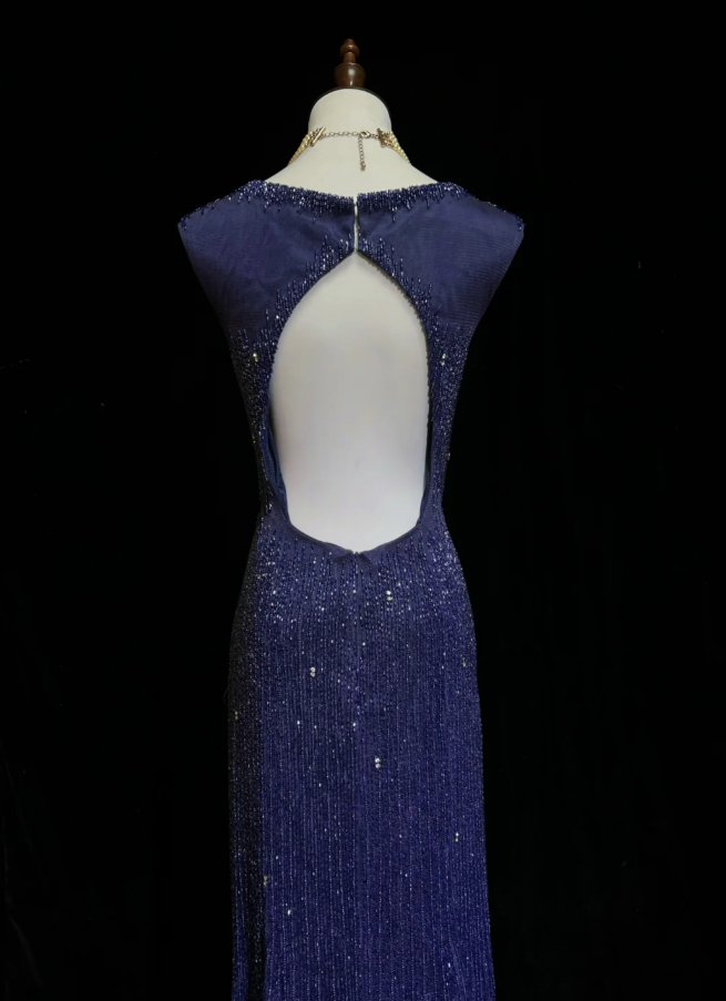 Gorgeous V Neck Dark Purple Tulle Beaded Mermaid Long Evening Dress Backless Prom Gown SP1963