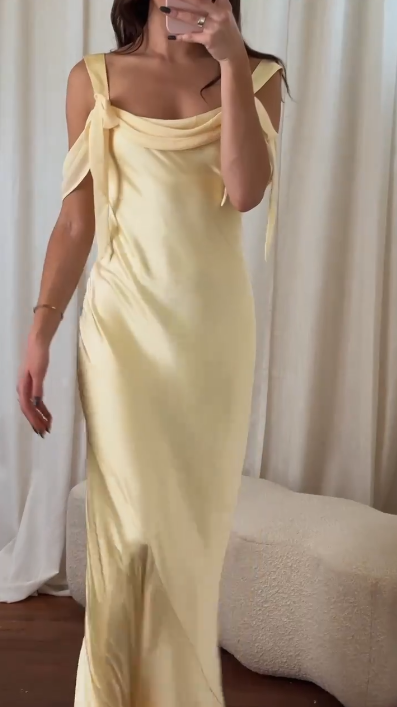 Elegant Yellow Off The Shoulder Satin Chiffon Long Party Dress Formal Bridesmaid Dress SP250