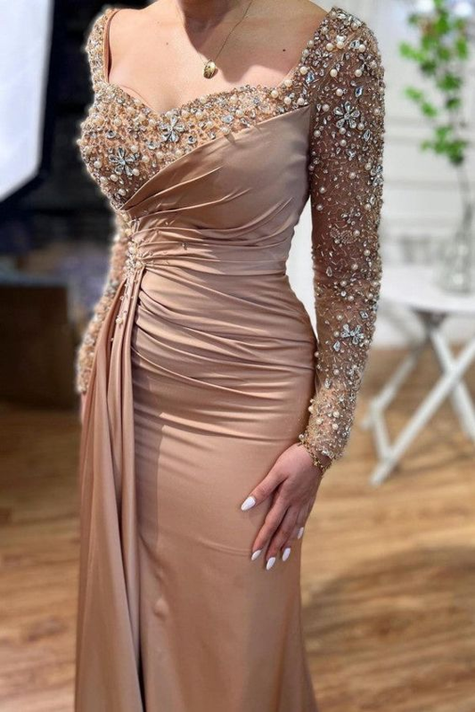 Beautiful Long Mermaid Beading Prom Dress With Long Sleeves Y6604