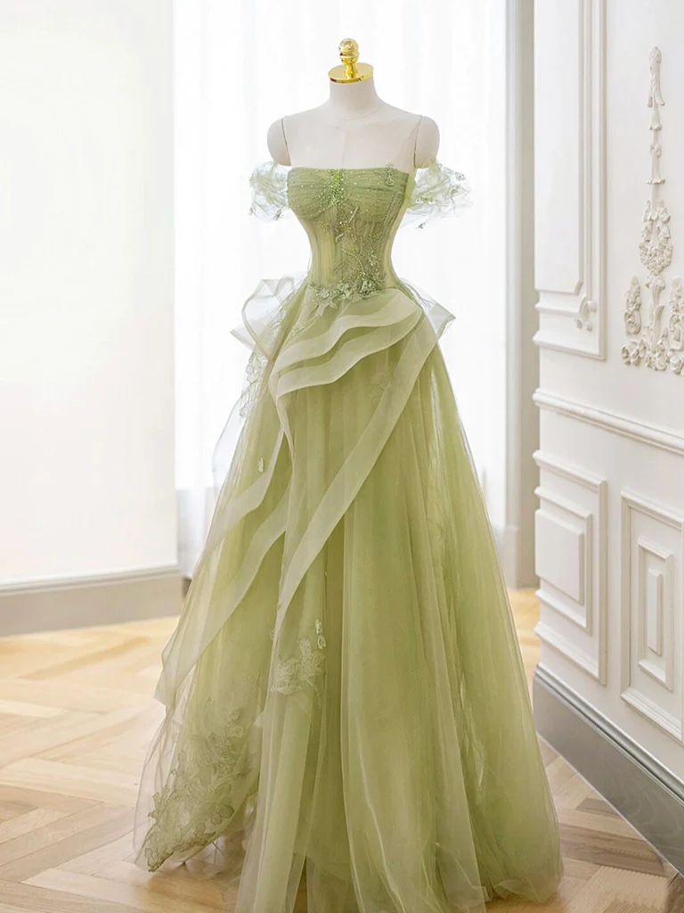 Sage Green Tulle Prom Dress,A-line Tulle Prom Gown Y2368