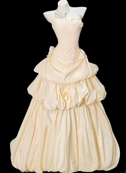 Pretty Strapless Yellow Satin Pleated Layered Long Party Dress Prom Gowns With Appliques SP1929