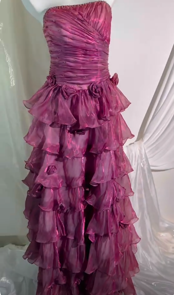 Glamorous Strapless Tulle Beaded Ruffle Layered Long Party Dress Fuchsia Long Evening Dress SP3739