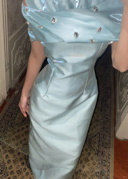 Gorgeous Blue Satin Beaded Mermaid Long Party Dress Formal Guest Dress  SP300