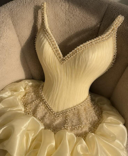 Elegant Yellow Satin Pearls Short Graduation Homecoming Dress Strapless Short Prom Dress SP4055