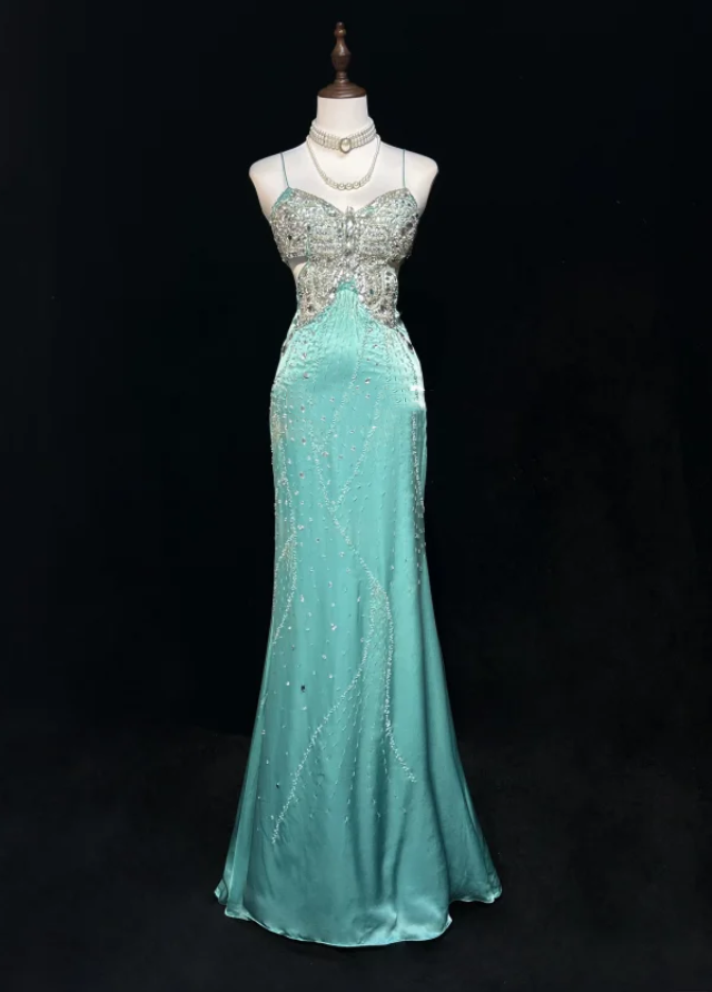 Gorgeous Green Spaghetti Straps Satin Beaded Mermaid Party Dress Backless Long Prom Gown SP1283