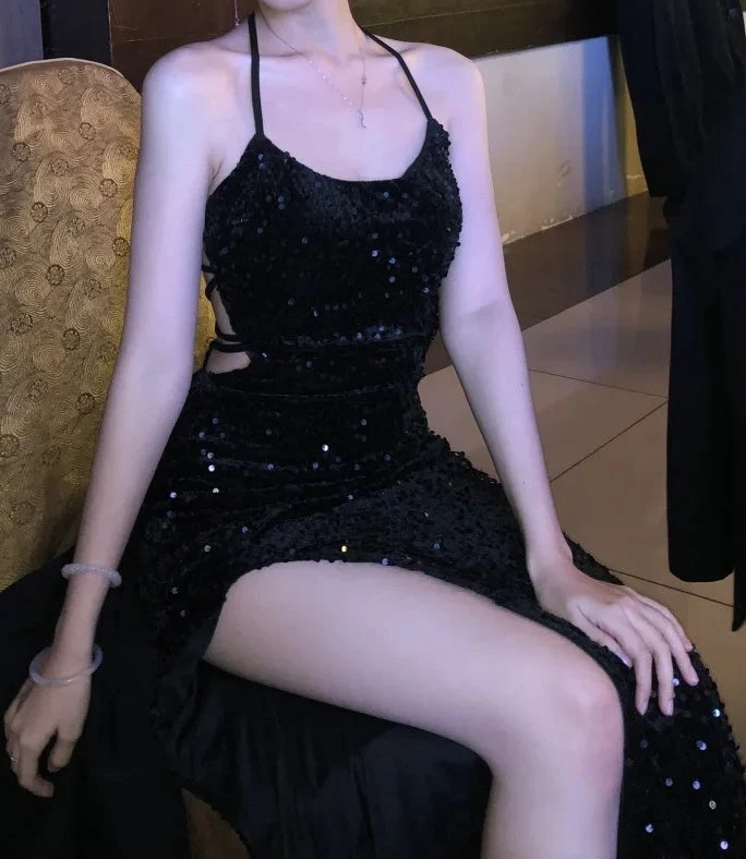 Sexy Black Spaghetti Straps Sequins Backless Mermaid Slit Long Prom Dress Party Dress SP3876