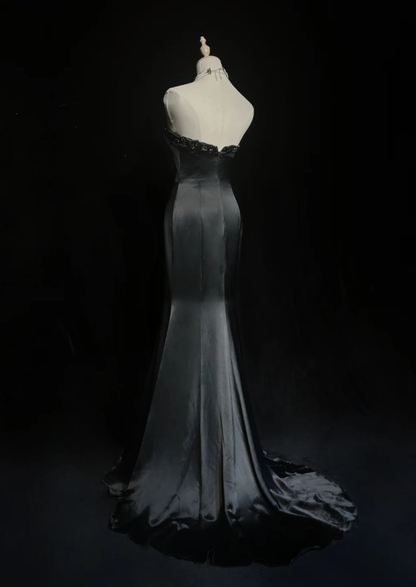 Fashion Sweetheart Neck Black Satin Beaded Mermaid Long Evening Dress Formal Wedding Guest Dress SP1959