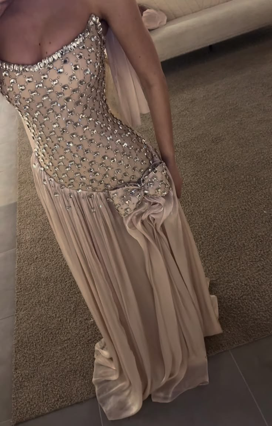 Elegant Strapless Satin Beaded Long Party Dress Birthday Prom Dress SP3664