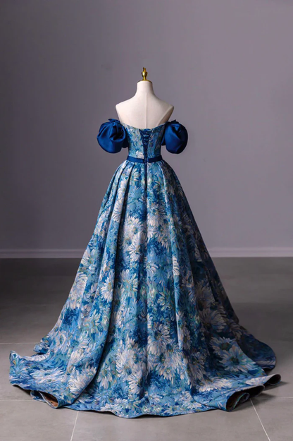 Blue Printed Long A-Line Prom Dress, Blue Off the Shoulder Formal Evening Dress Y4605