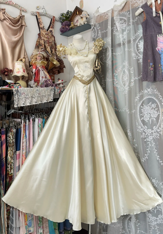 Vintage Yellow Satin Beaded Mermaid Long Party Dress 19th Birthday Outfits SP1873