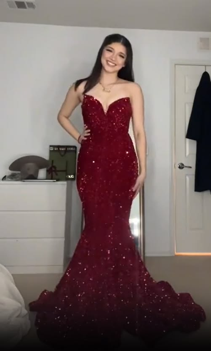 Sparkly Burgundy Sequin Mermaid Long Party Dress Prom Gown SP4236