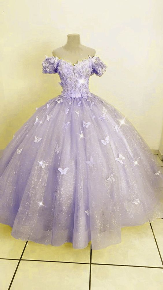 Lavender Butterfly Quince Dress Ball Gown Off-the-shoulder Y6594