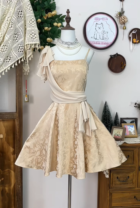 Vintage Spaghetti Straps Satin Print Homecoming Dress Champagne A Line Cocktail Dress Birthday Outfits Y8887
