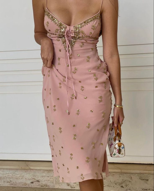 Classy Pink Spaghetti Straps Chiffon Sequin Long Prom Dress Birthday Party Dress SP196