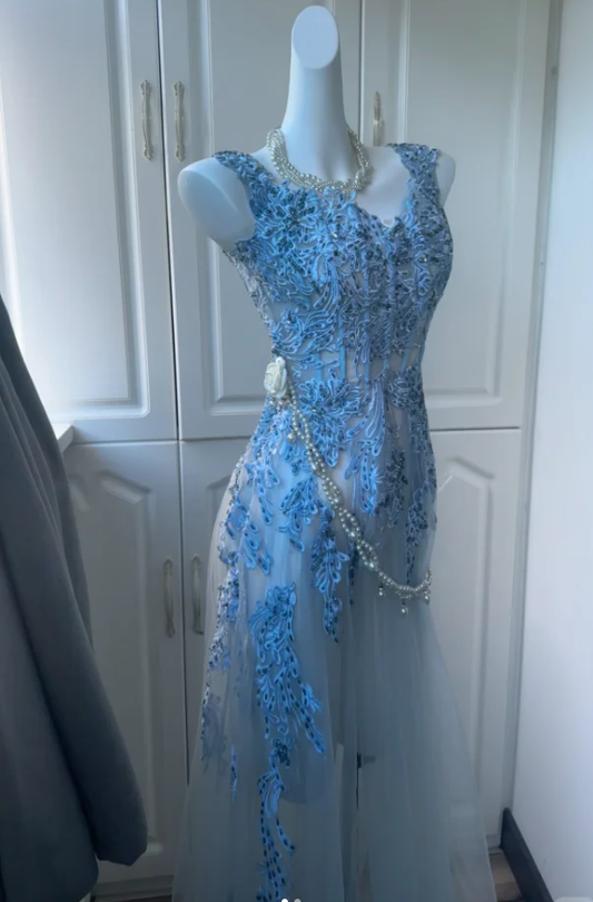 Pretty Light Blue Tulle Appliques Mermaid Long Party Dress Formal Prom Gown SP346