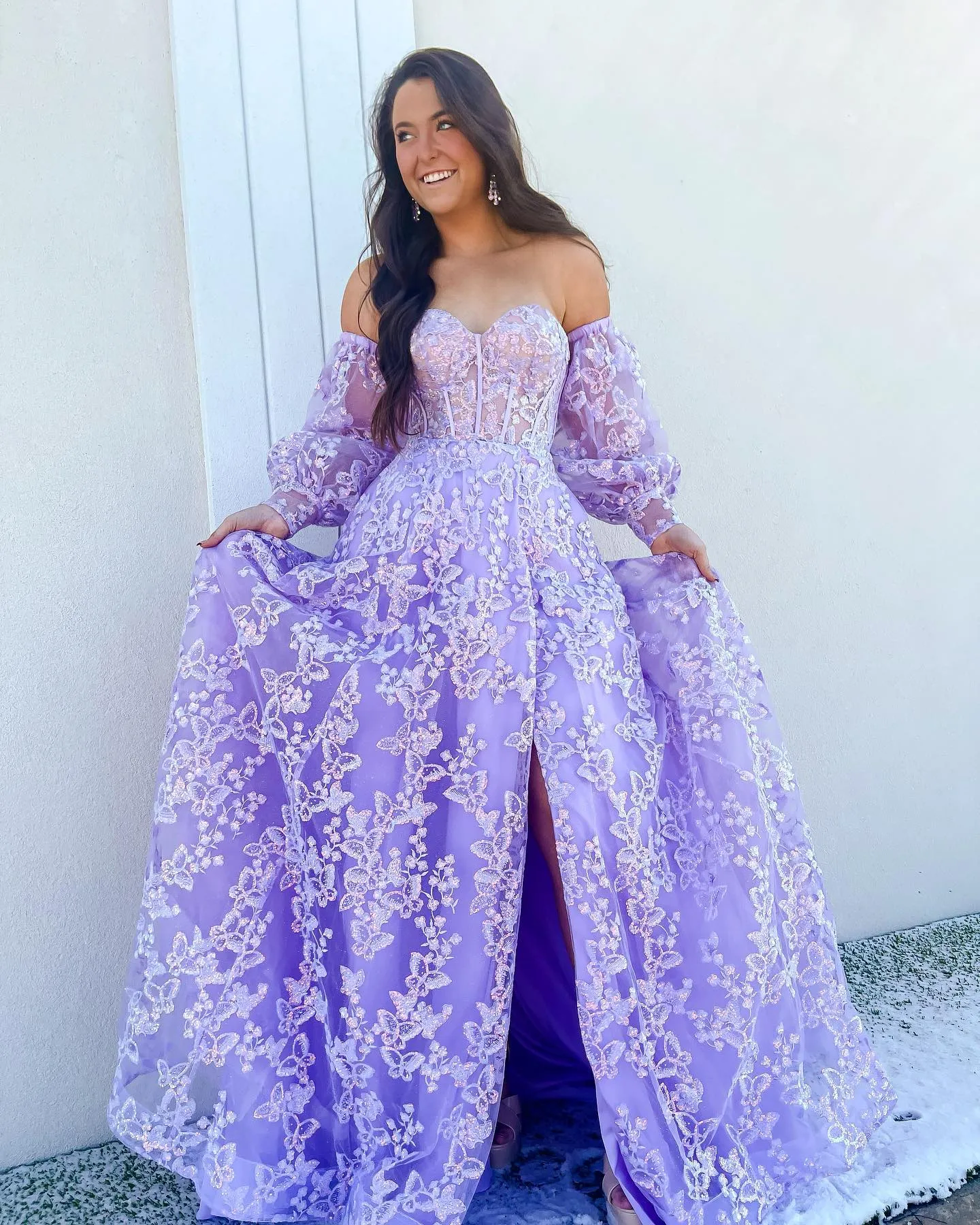 Sparkle Princess Bustier Puff Sleeve Lace Long Prom Dress Detachable Sleeves Evening Dress  Y1805