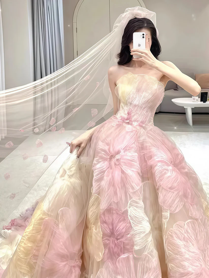 Dream Princess Floral Ball Gown, Strapless A-line Wedding Dress Y8289