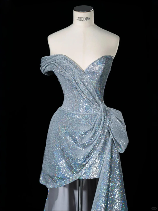 Sparkly Blue Sequin Strapless 7th Grade Homecoming Dress Birthday Outfits Y9045