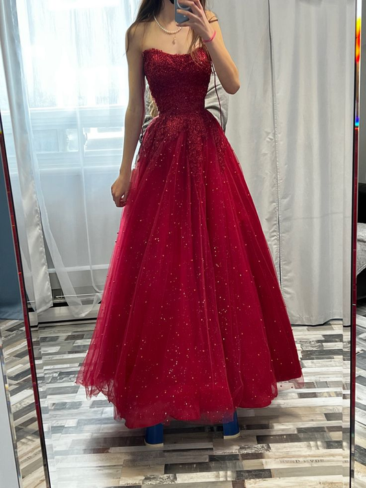 Shiny Red Strapless Tulle Sequin Appliques A Line Long Party Dress Formal Wedding Guest Dress SP2220