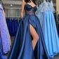 Navy Satin Lace V-Neck A-Line Long Prom Dress with Slit Y6220