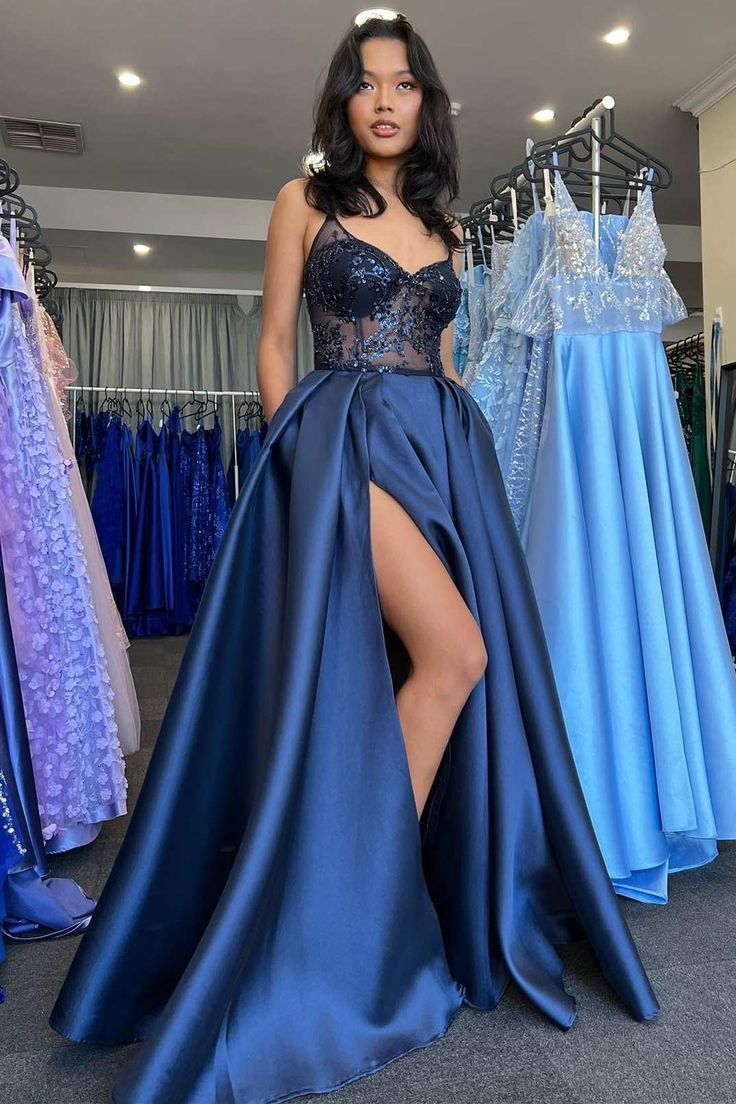 Navy Satin Lace V-Neck A-Line Long Prom Dress with Slit Y6220