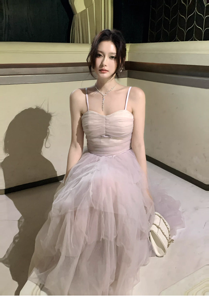 Pretty Light Lavender Spaghetti Straps Tulle Layered A Line Long Birthday Prom Dress Party Dress SP1495