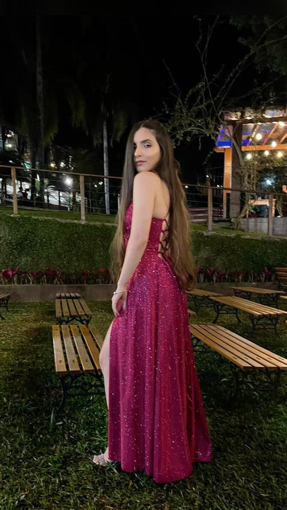 Shiny Spaghetti Straps V Neck Tulle Sequin Long Wedding Guest Dress Hot Pink Slit Long Evening Dress SP3767