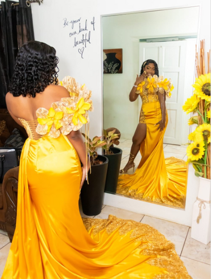 Gorgeous Yellow One Shoulder Satin Sequin 3D Floral Long Party Dress Evening Dress SP3176